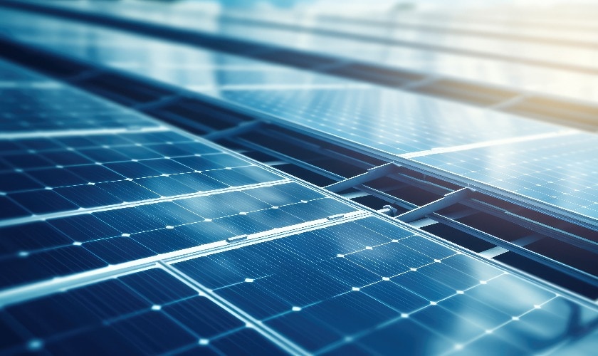 Grünes Energiekonzept mit Außen-Solarzellen und einem Industriedach, das mit Solarzellen in Blautönen ausgestattet ist