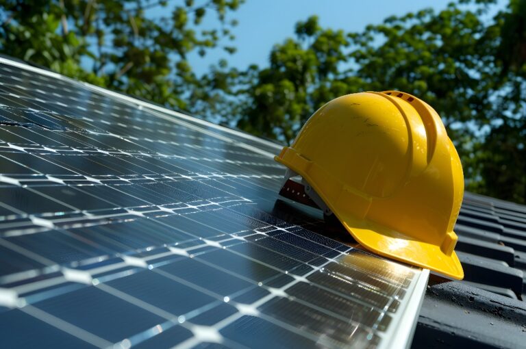 Gelber Bauhelm liegt auf Solarpanelen