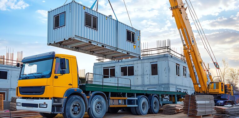 LKW entlädt Container auf Baustelle