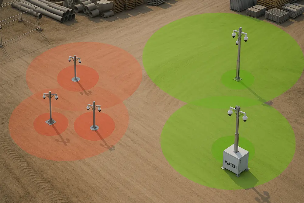 Sicherheitskameras auf Baustelle, links rot, rechts gruen mit Watch Box