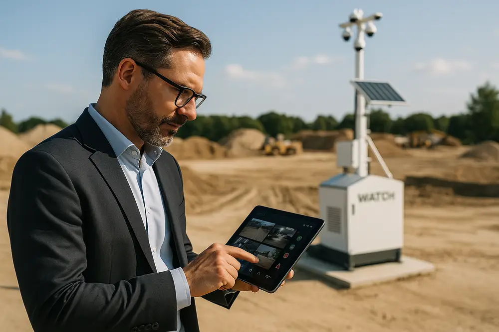 Ernster Mann im Anzug mit Brille nutzt Tablet an weißer Wetterstation